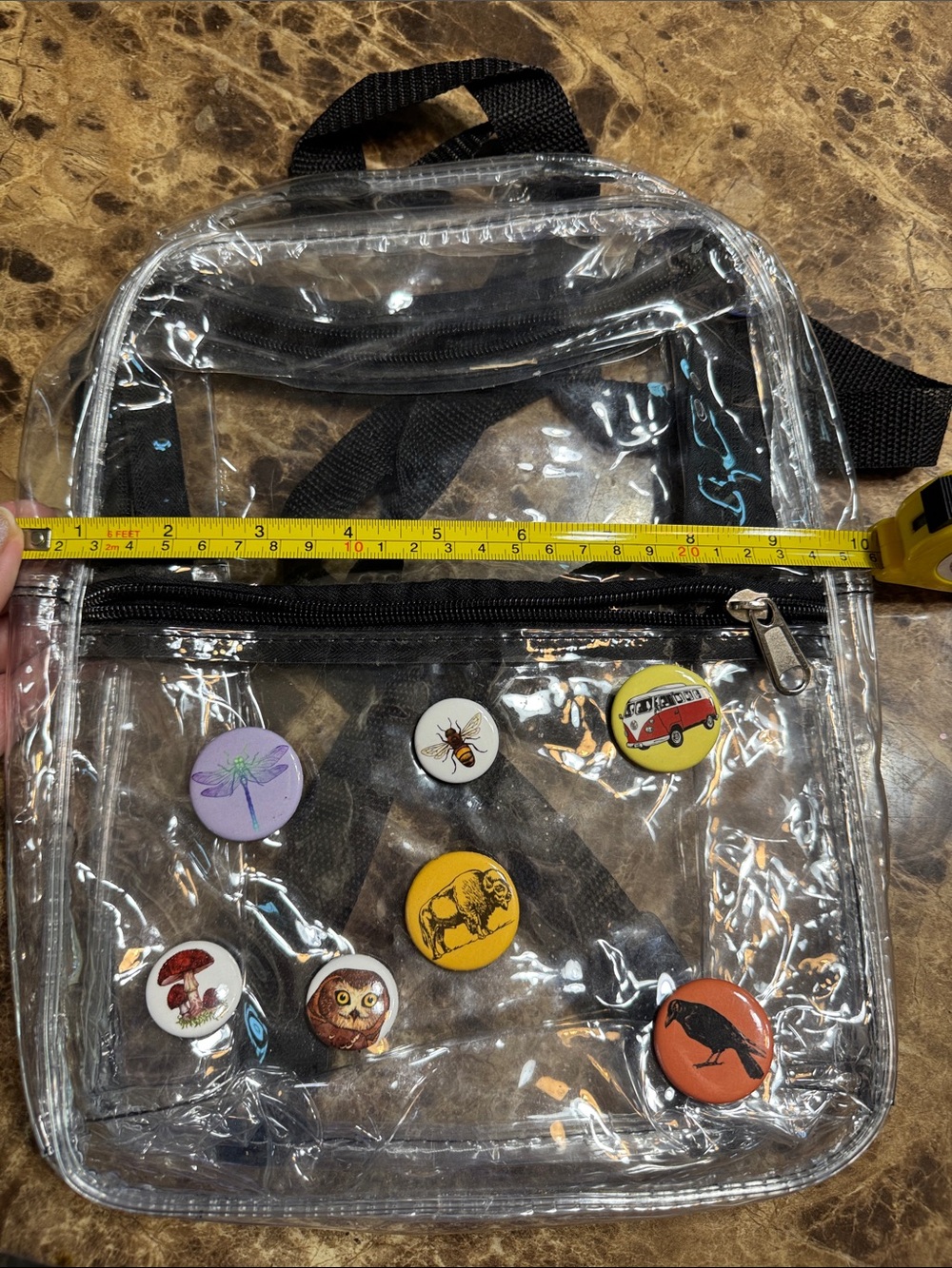 Clear Mini Backpack with Decorative Pins - Black Trim